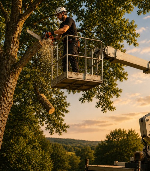 Baumpfleger von Baumschneider arbeitet von einer Hubarbeitsbühne aus an einem Baum bei Sonnenuntergang