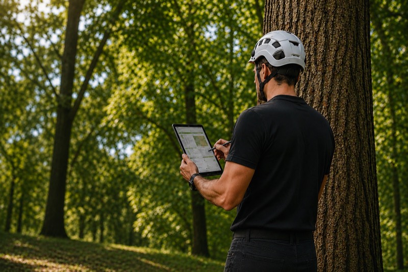 Baumkontrolleur von Baumschneider steht an einem Baumstamm und dokumentiert die Kontrolle auf einem Tablet