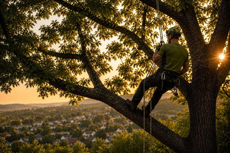 Baumkletterer von Baumschneider seilt sich bei Sonnenuntergang hoch oben in einem Baum ab, im Hintergrund die Region rund um Ansbach
